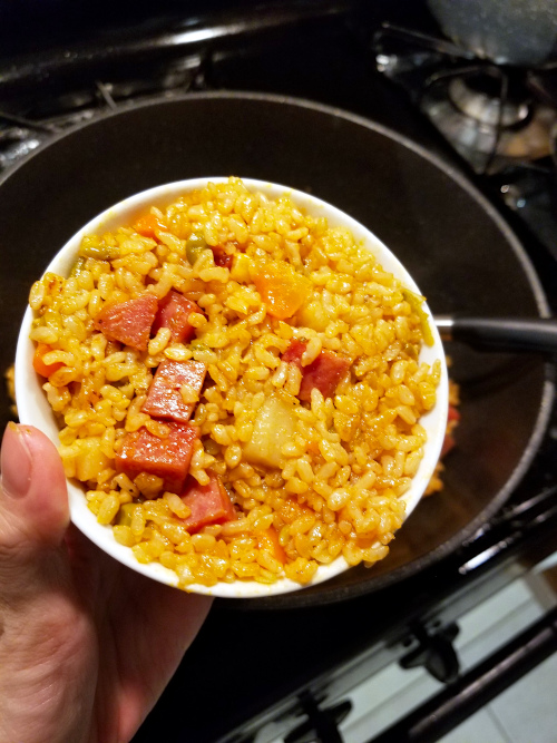 spam fried rice packed into bowl